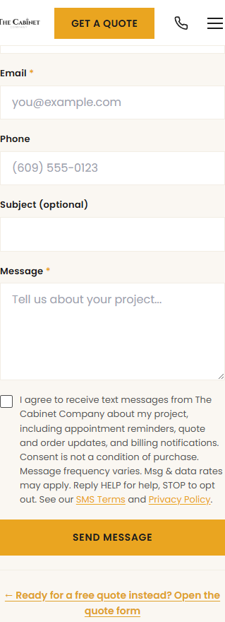 The Cabinet Company contact form at thecabinetco.co/contact-us, showing the unchecked SMS-consent checkbox with its full label and links to SMS Terms and Privacy Policy, above the Send Message button.